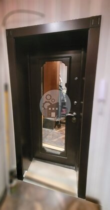 входная дверь в квартиру с прямоугольным зеркалом, отделка темным МДФ