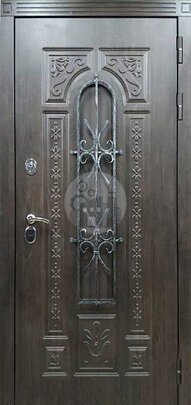 Стальная входная дверь с кованой решеткой, стеклом, отделка из массив дерева-ДВ-687